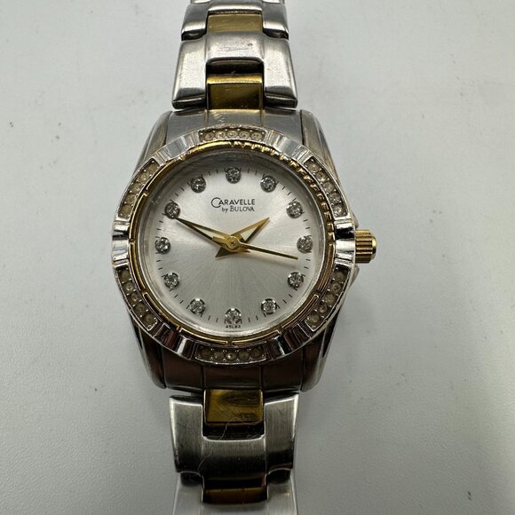 Caravelle by Bulova Watch Women Silver Gold Two Tone Crystal Bezel New Battery - Picture 1 of 12
